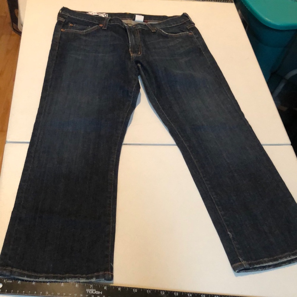 Red Engine size 31 dark blue jeans ankle cropped wide leg /bootcut stretch